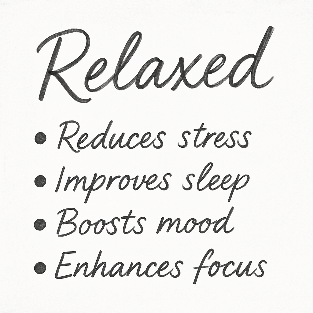 Handwritten-style text on a white background with the word "Relaxed" at the top, followed by four bullet points: "Reduces stress," "Improves sleep," "Boosts mood," and "Enhances focus."
