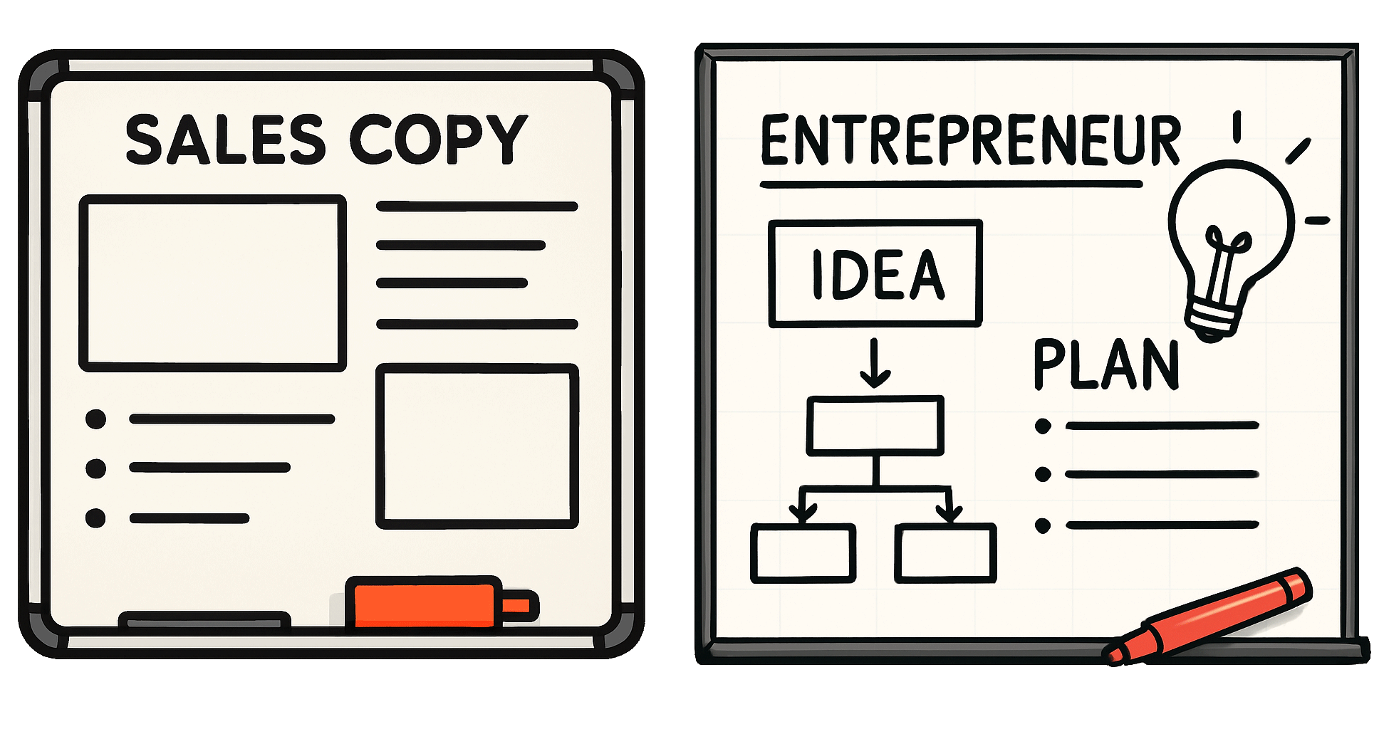 Two illustrated whiteboards side-by-side. The left board is labeled "Sales Copy" and shows a structured layout with headings, bullet points, and placeholder boxes representing content sections. The right board is labeled "Entrepreneur" and features a diagram starting with an "IDEA" box, flowing into a basic flowchart and a "PLAN" section with bullet points and a light bulb icon symbolizing innovation.